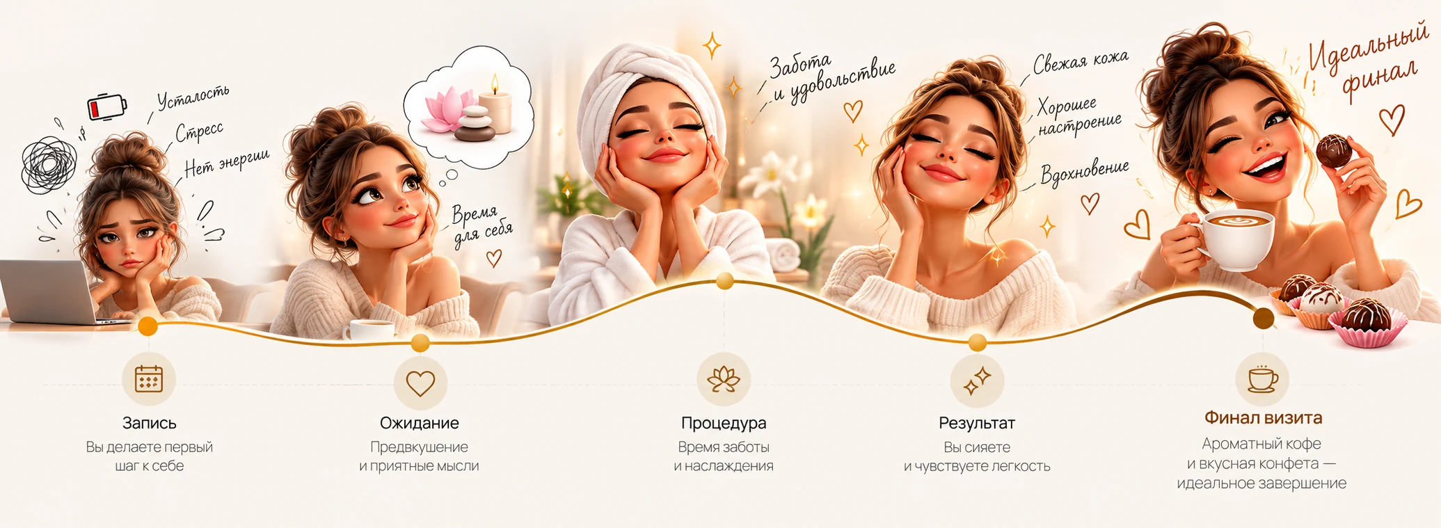 Путь клиентки: запись, ожидание, процедура, результат и финал визита — кофе и конфета